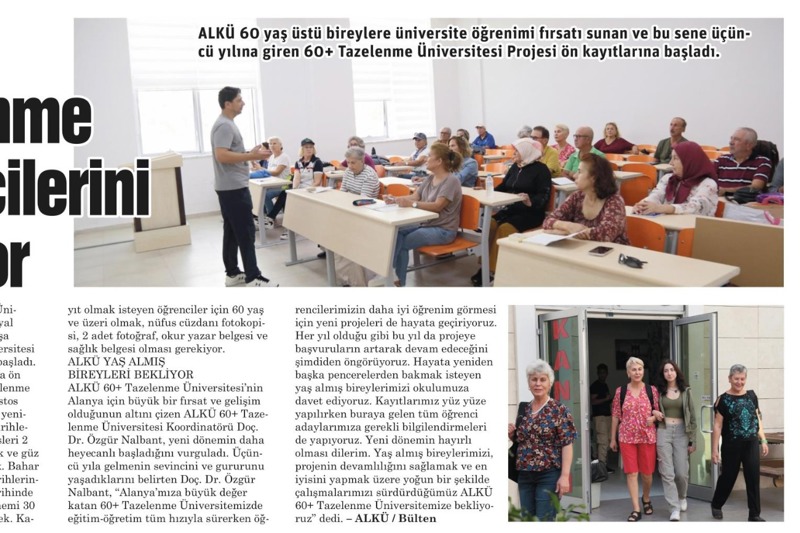 ALKÜ 60+ TAZELENME ÜNİVERSİTESİ YENİ ÖĞENCİLERİNİ BEKLİYOR